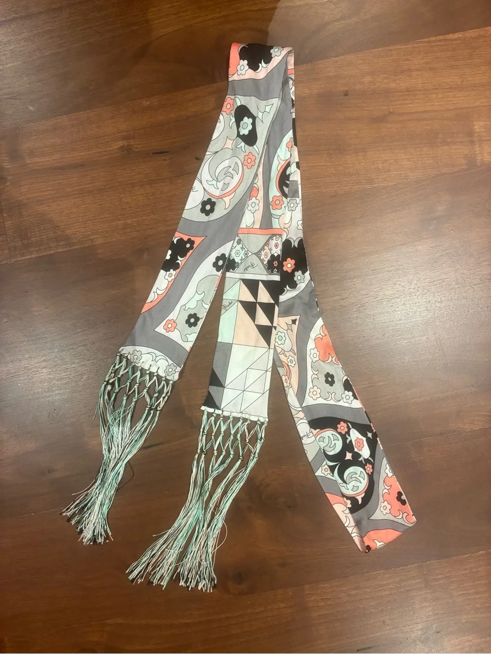 Emilio Pucci Gray, Coral & Mint Patterned Silk Scarf Belt with Fringe